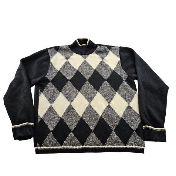 Talbots Sweaters - Talbots Argyle Sweater Womens L Black Gray Diamond‎ Plaid Merino Wool Mock Neck